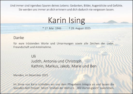 Traueranzeige von Karin Ising von Tageszeitung