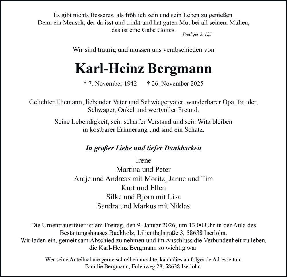  Traueranzeige für Karl-Heinz Bergmann vom 06.12.2025 aus Tageszeitung