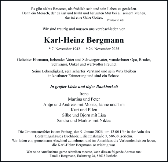 Traueranzeige von Karl-Heinz Bergmann von Tageszeitung