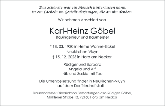 Traueranzeige von Karl-Heinz Göbel von Tageszeitung