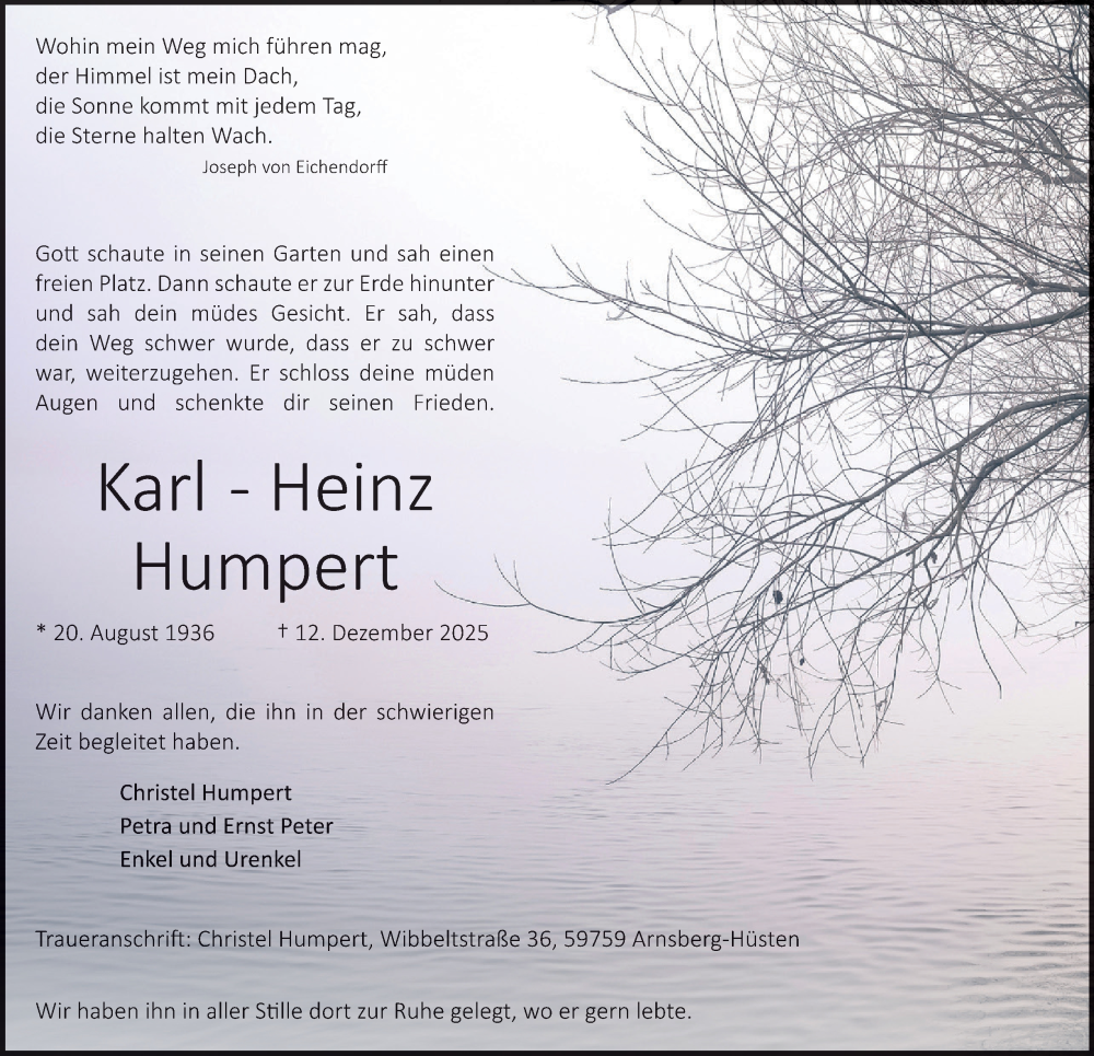  Traueranzeige für Karl-Heinz Humpert vom 23.12.2025 aus Tageszeitung