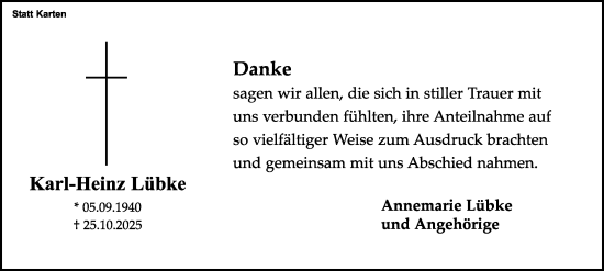 Traueranzeige von Karl-Heinz Lübke von Tageszeitung