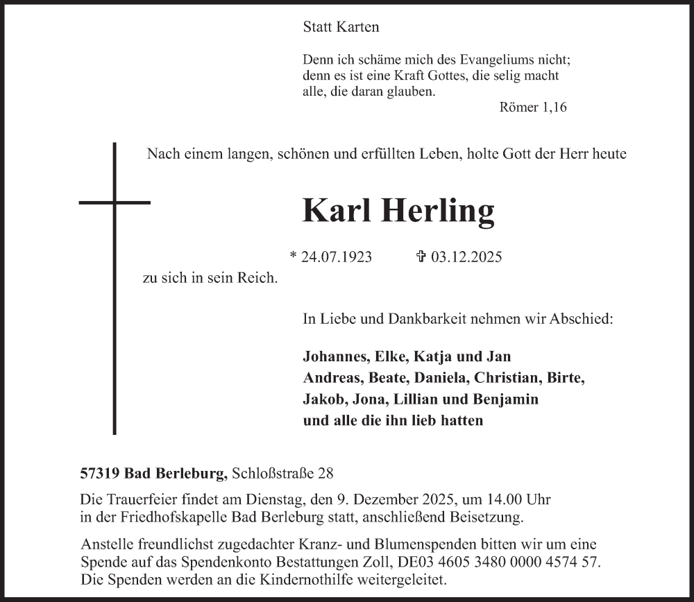  Traueranzeige für Karl Herling vom 06.12.2025 aus Tageszeitung