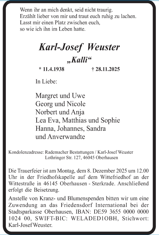 Traueranzeige von Karl-Josef Weuster von Tageszeitung