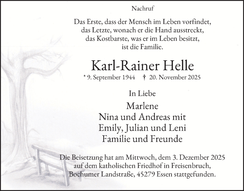  Traueranzeige für Karl-Rainer Helle vom 06.12.2025 aus Tageszeitung