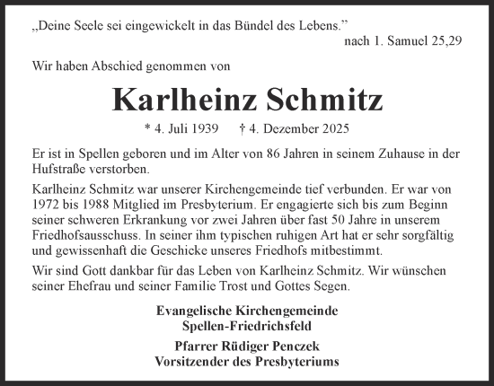 Traueranzeige von Karlheinz Schmitz von Tageszeitung