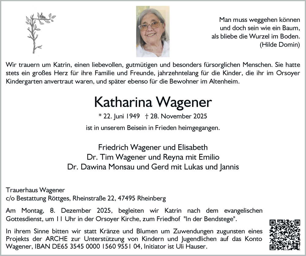  Traueranzeige für Katharina Wagener vom 04.12.2025 aus Tageszeitung