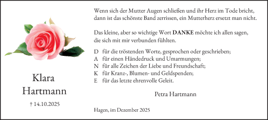 Traueranzeige von Klara Hartmann von Tageszeitung