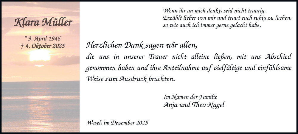  Traueranzeige für Klara Müller vom 13.12.2025 aus Tageszeitung