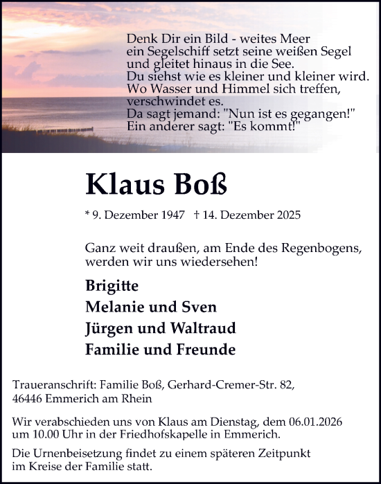 Traueranzeige von Klaus Boß von Tageszeitung
