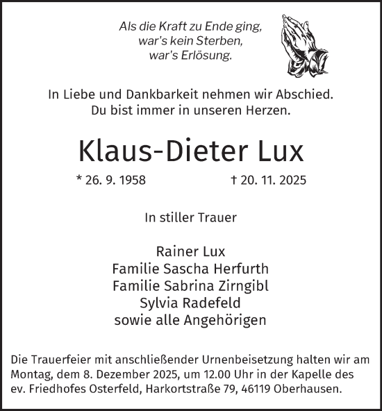 Traueranzeige von Klaus-Dieter Lux von Tageszeitung