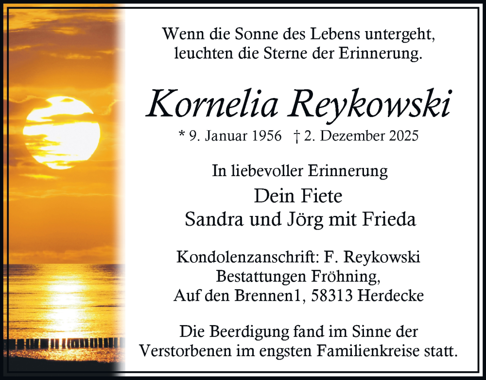  Traueranzeige für Kornelia Reykowski vom 27.12.2025 aus Tageszeitung