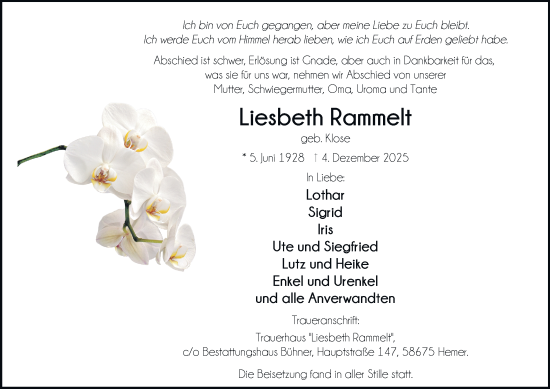 Traueranzeige von Liesbeth Rammelt von Tageszeitung