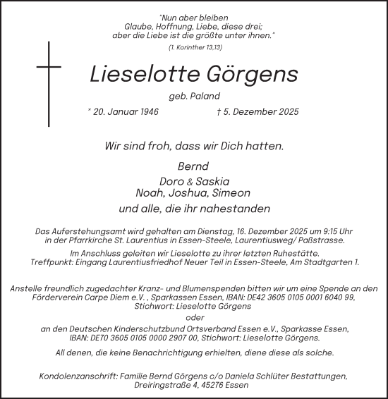 Traueranzeige von Lieselotte Görgens von Tageszeitung