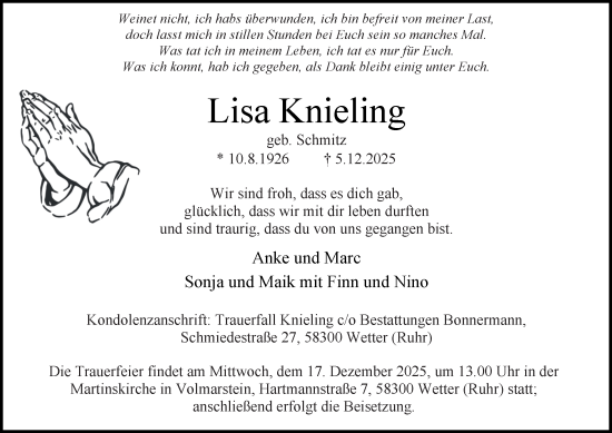 Traueranzeige von Lisa Knieling von Tageszeitung