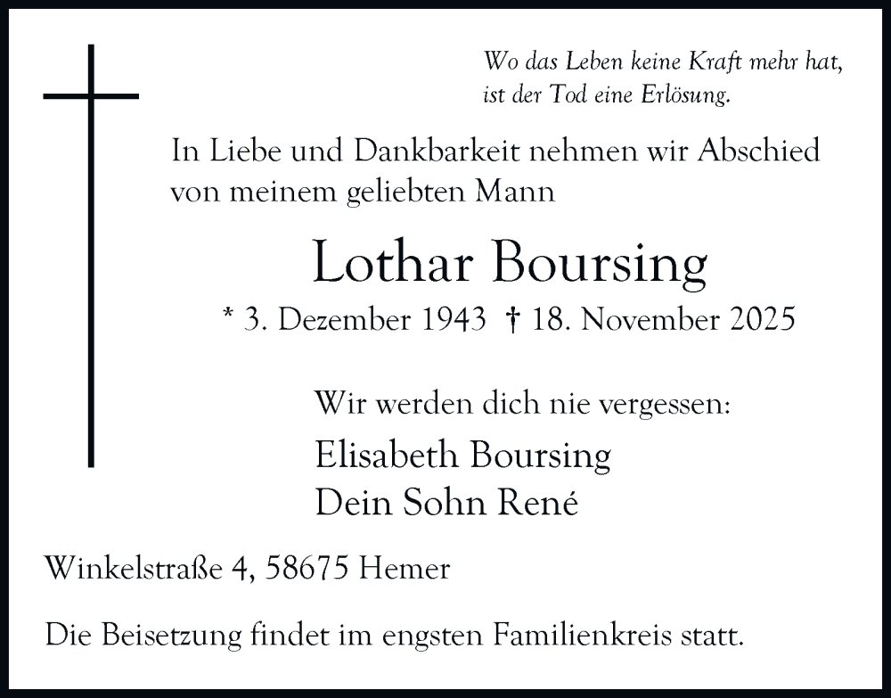  Traueranzeige für Lothar Boursing vom 04.12.2025 aus Tageszeitung