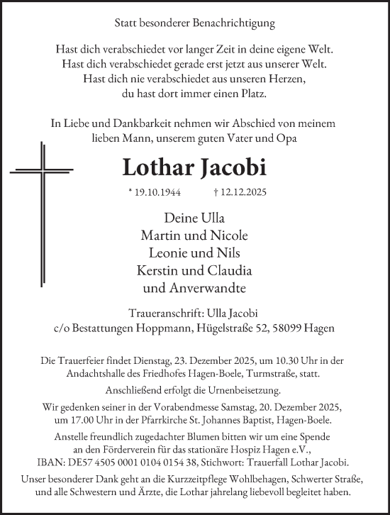 Traueranzeige von Lothar Jacobi von Tageszeitung