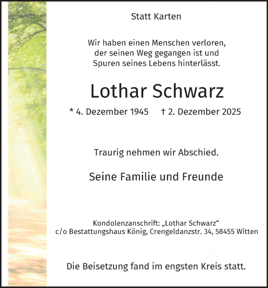 Traueranzeige von Lothar Schwarz von Tageszeitung