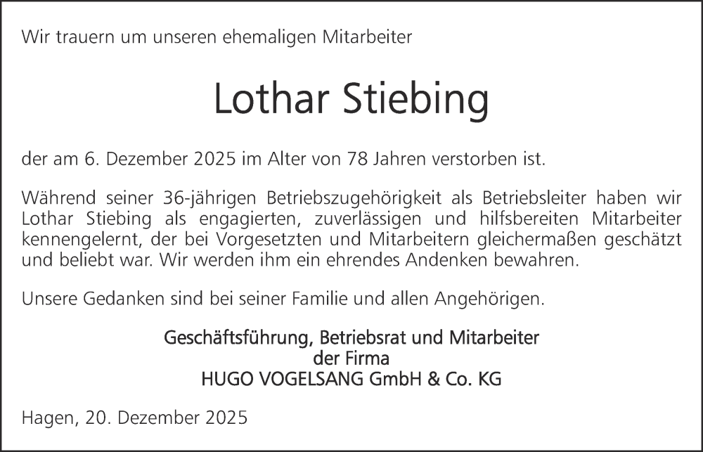  Traueranzeige für Lothar Stiebing vom 20.12.2025 aus Tageszeitung
