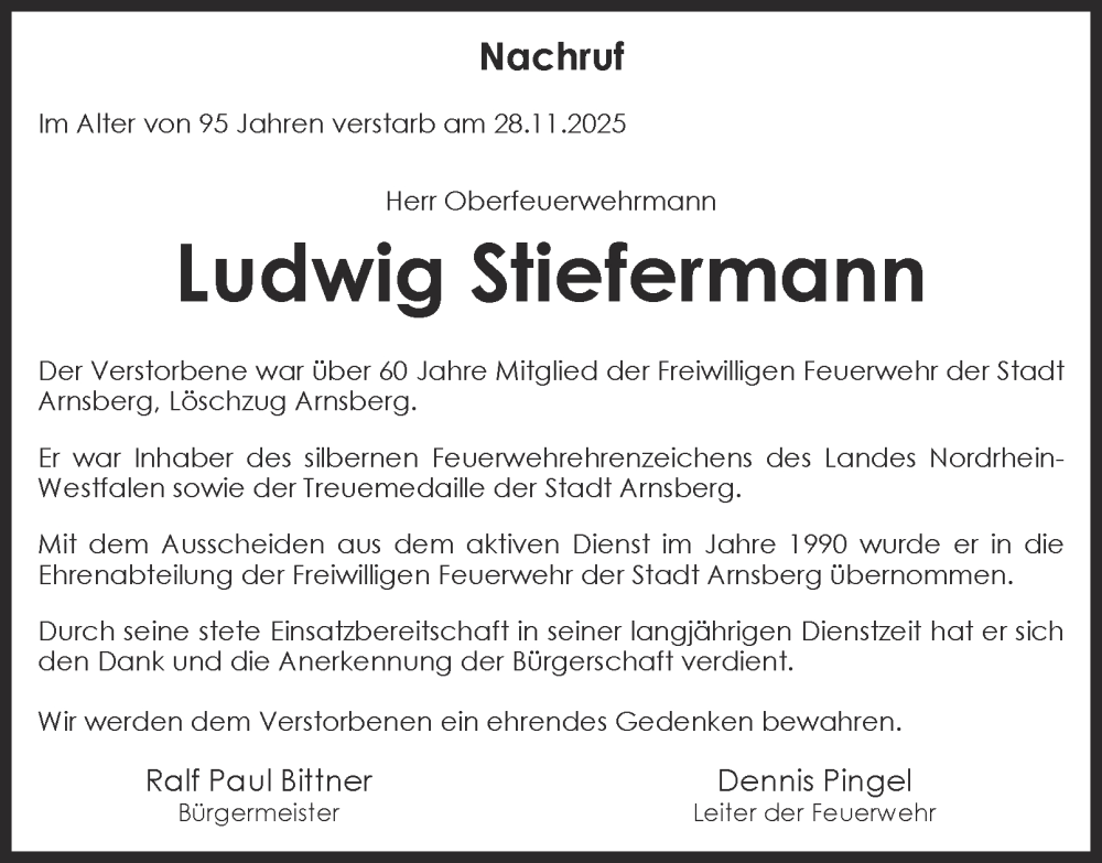  Traueranzeige für Ludwig Stiefermann vom 12.12.2025 aus Tageszeitung