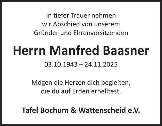 Traueranzeige von Manfred Baasner von Tageszeitung