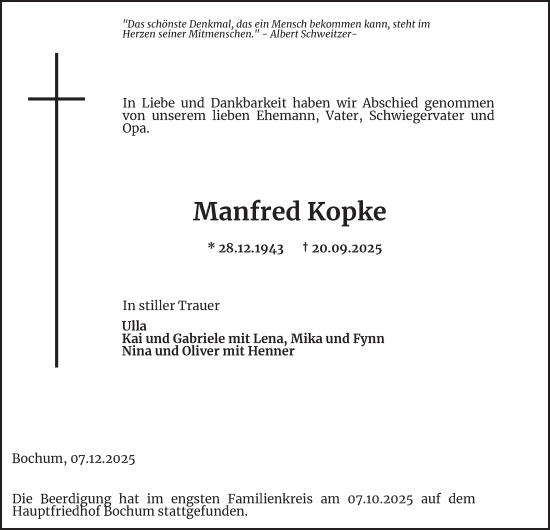 Traueranzeige von Manfred Kopke von Tageszeitung