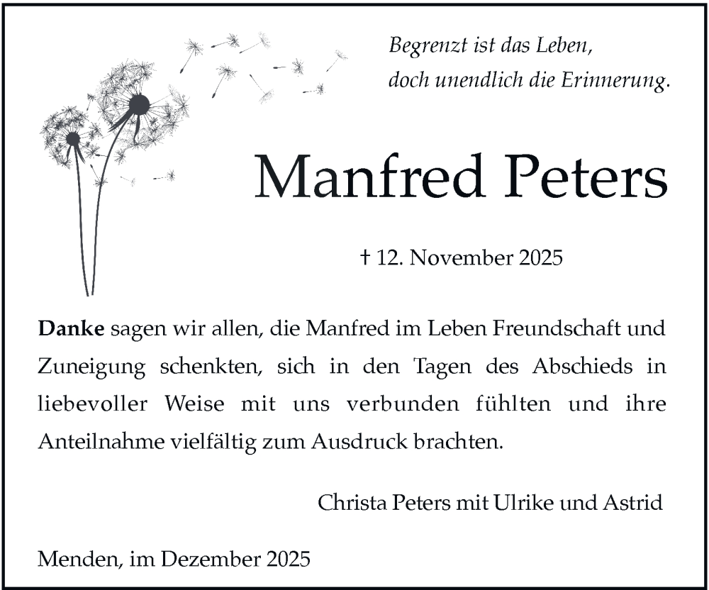  Traueranzeige für Manfred Peters vom 13.12.2025 aus Tageszeitung
