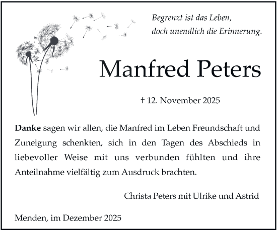 Traueranzeige von Manfred Peters von Tageszeitung