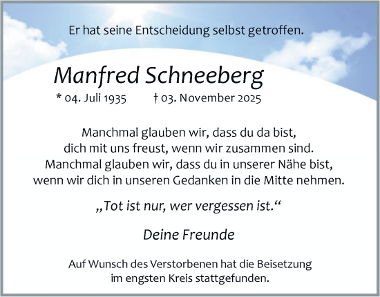 Traueranzeige von Manfred Schneeberg von Tageszeitung