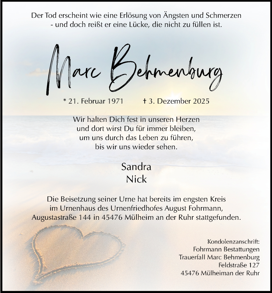  Traueranzeige für Marc Behmenburg vom 20.12.2025 aus Tageszeitung