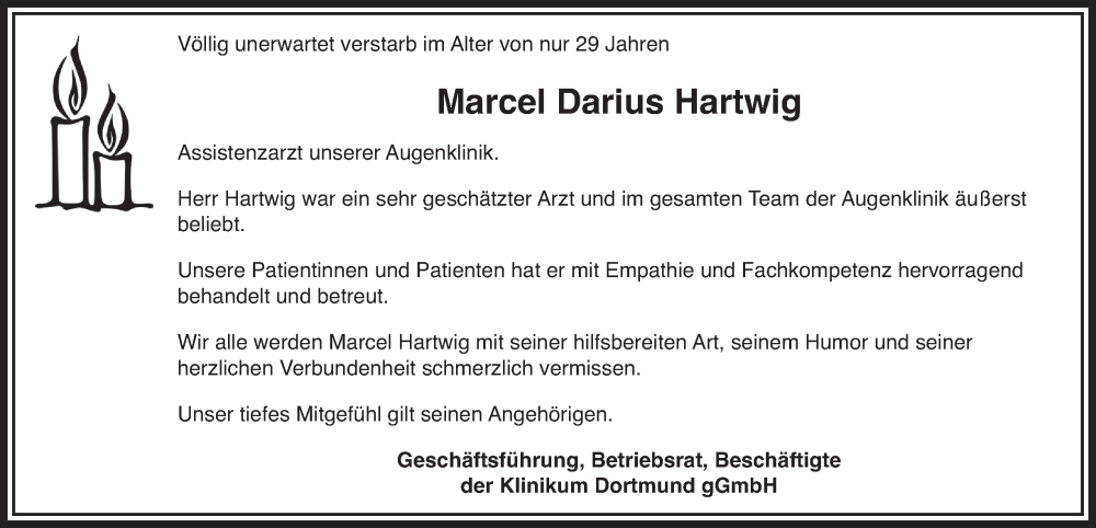  Traueranzeige für Marcel Darius Hartwig vom 13.12.2025 aus Tageszeitung
