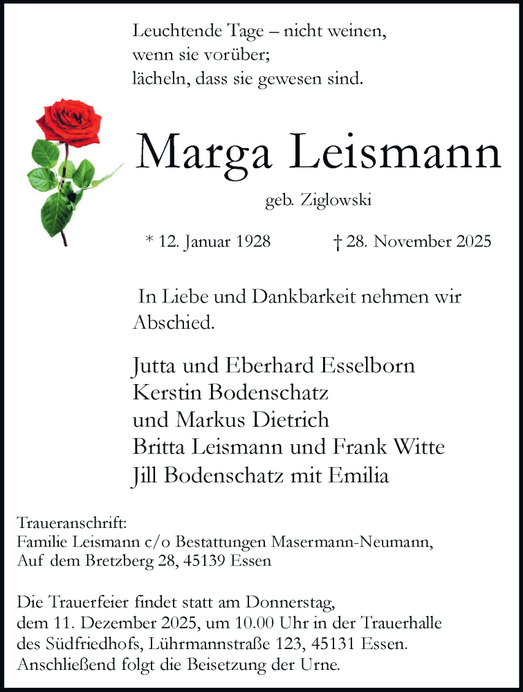  Traueranzeige für Marga Leismann vom 06.12.2025 aus Tageszeitung