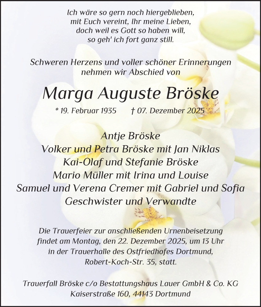  Traueranzeige für Marga Auguste Bröske vom 13.12.2025 aus Tageszeitung