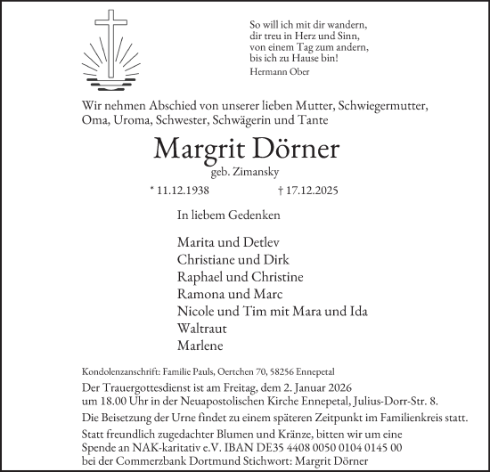 Traueranzeige von Margrit Dörner von Tageszeitung