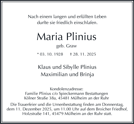 Traueranzeige von Maria Plinius von Tageszeitung