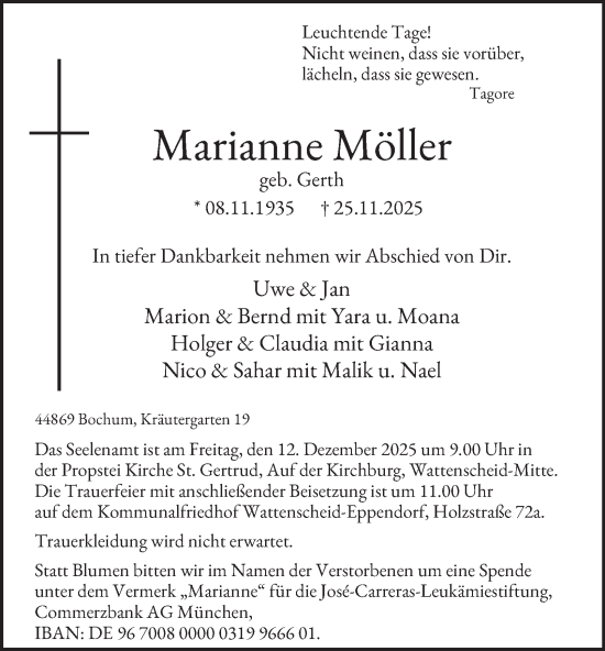 Traueranzeige von Marianne Möller von Tageszeitung