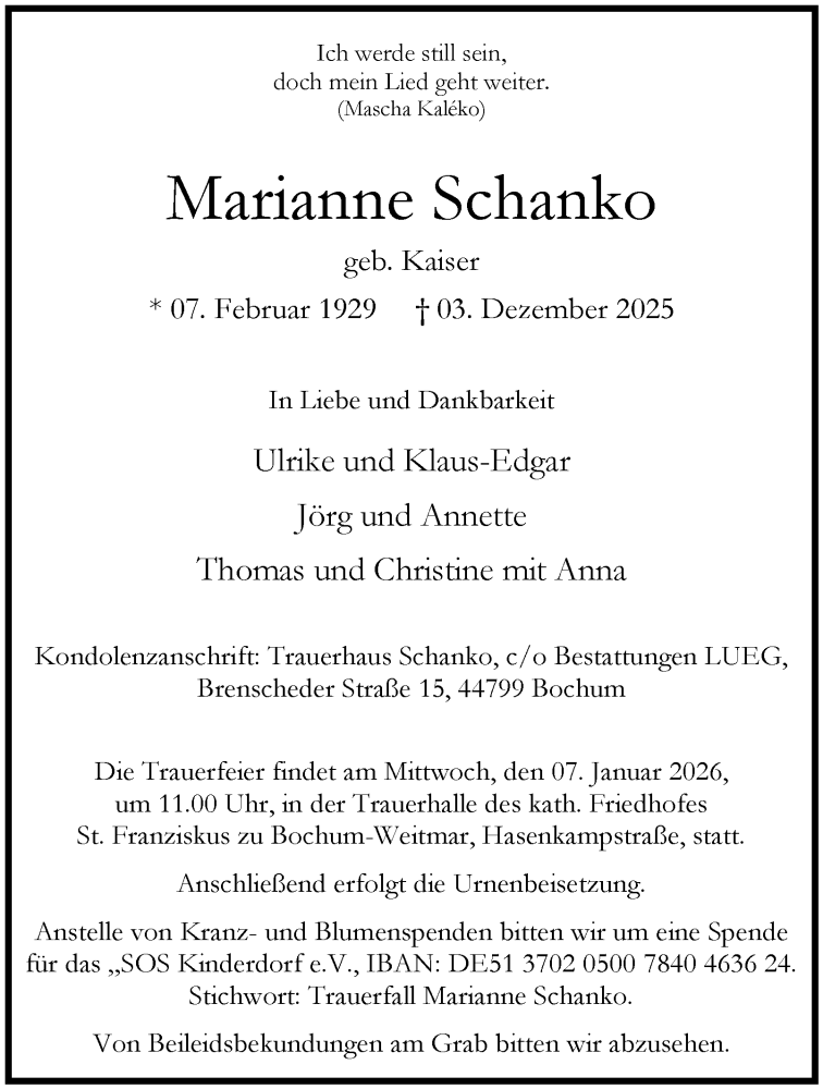  Traueranzeige für Marianne Schanko vom 13.12.2025 aus Tageszeitung