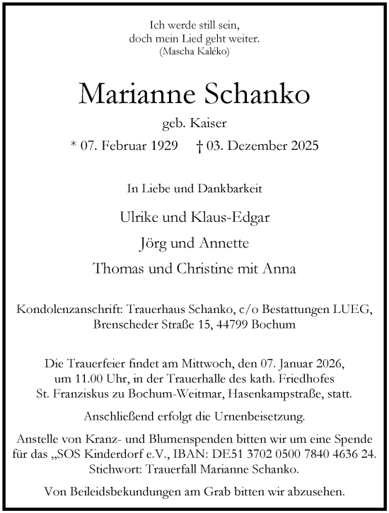 Traueranzeige von Marianne Schanko von Tageszeitung