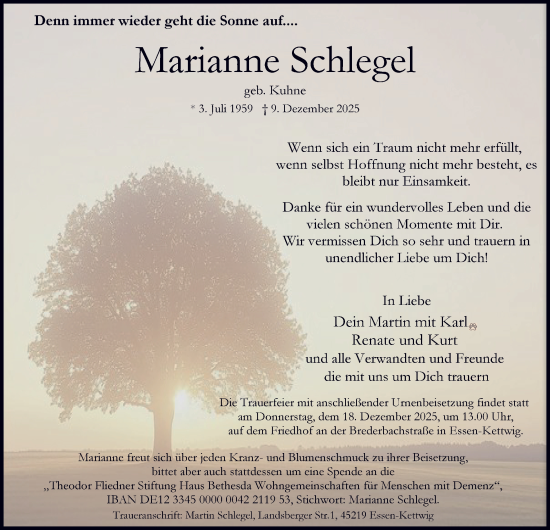 Traueranzeige von Marianne Schlegel von Tageszeitung