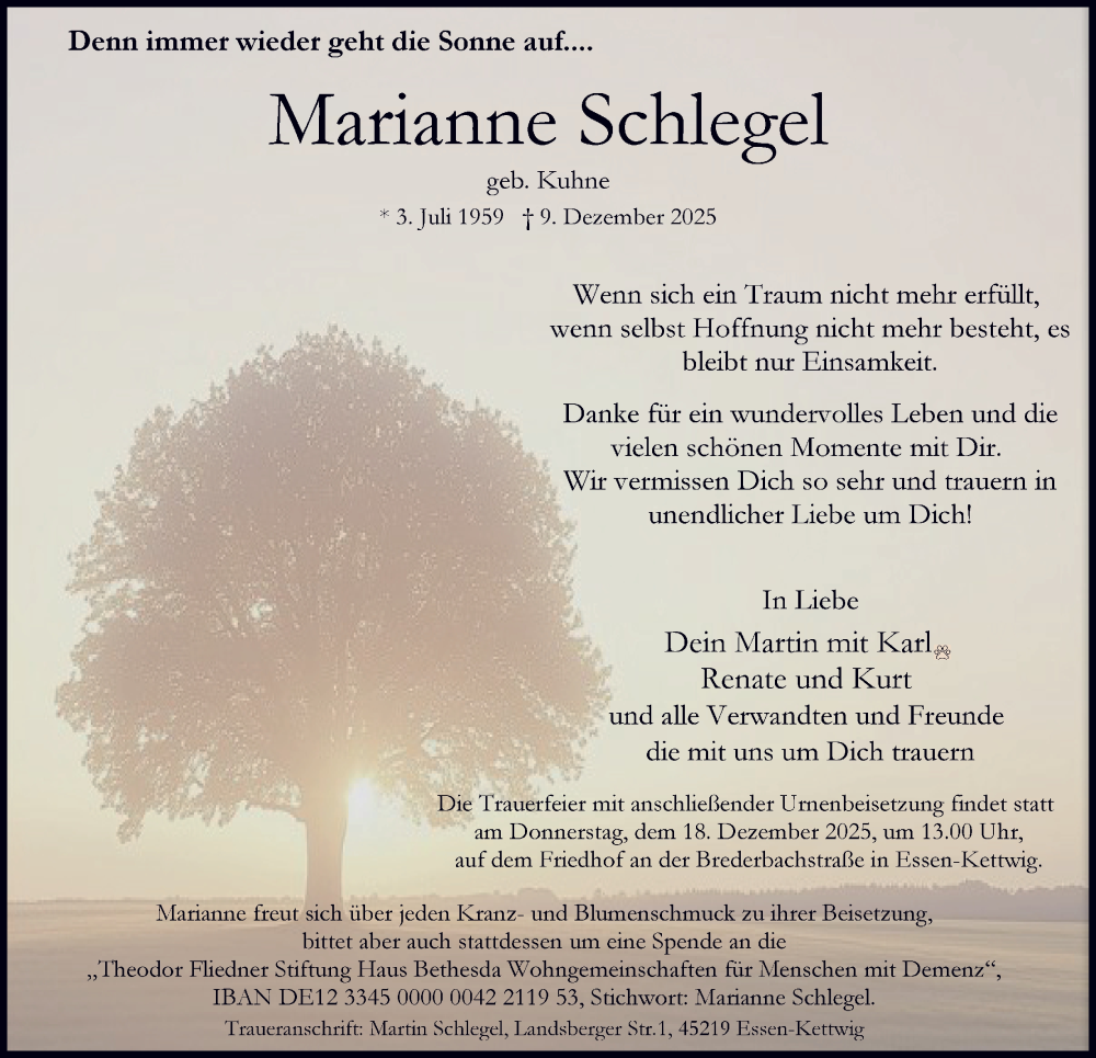  Traueranzeige für Marianne Schlegel vom 13.12.2025 aus Tageszeitung