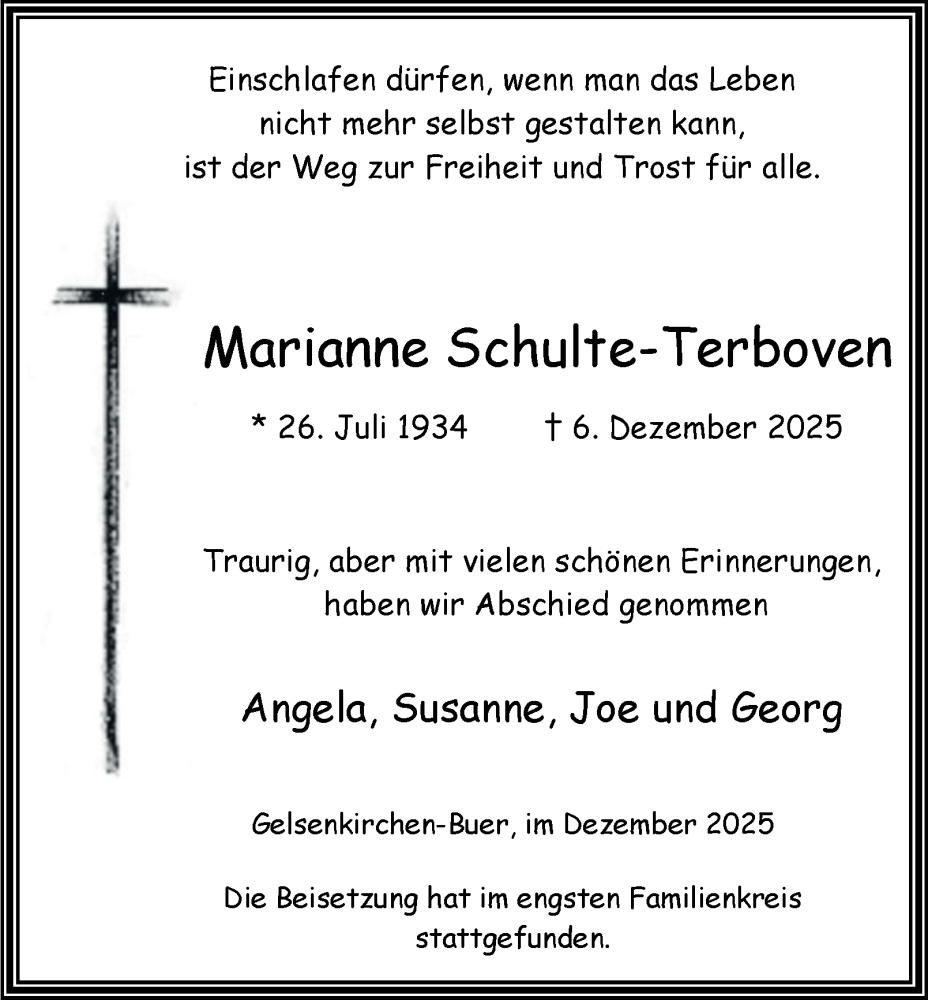 Traueranzeige für Marianne Schulte-Terboven vom 17.12.2025 aus Tageszeitung