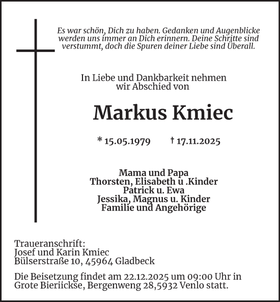 Traueranzeige von Markus Kmiec von Tageszeitung