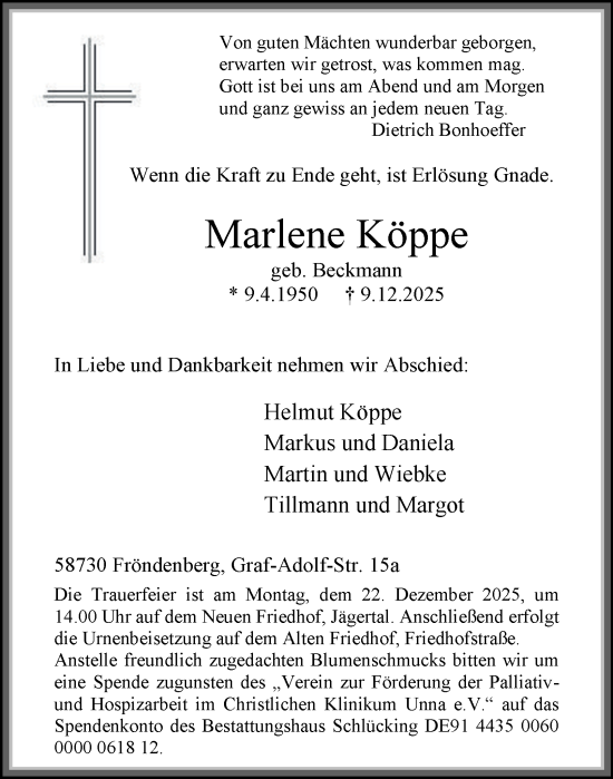 Traueranzeige von Marlene Köppe von Tageszeitung