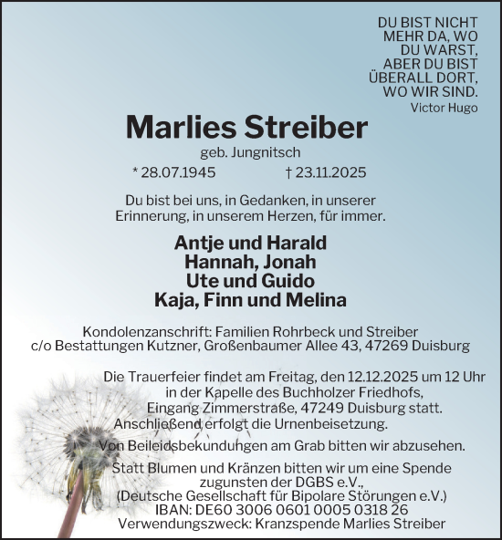 Traueranzeige von Marlies Streiber von Tageszeitung