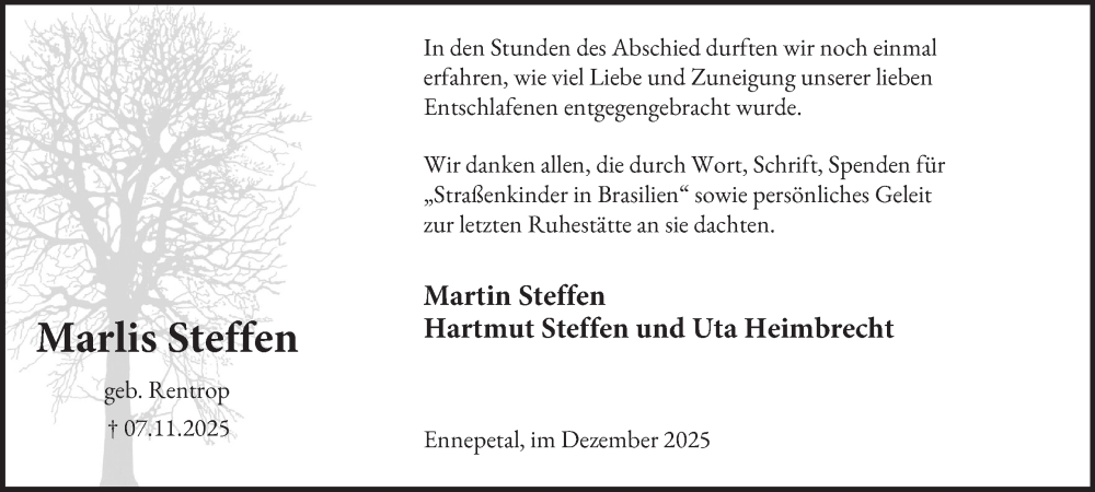  Traueranzeige für Marlis Steffen vom 13.12.2025 aus Tageszeitung