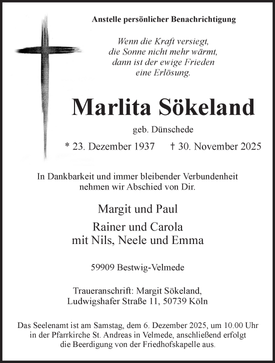 Traueranzeige von Marlita Sökeland von Tageszeitung