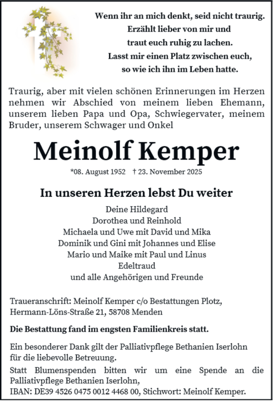 Traueranzeige von Meinolf Kemper von Tageszeitung