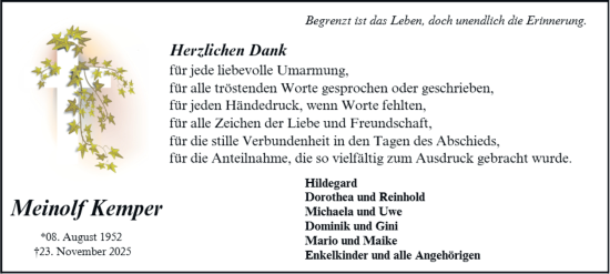 Traueranzeige von Meinolf Kemper von Tageszeitung