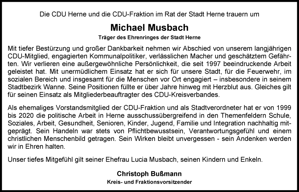  Traueranzeige für Michael Musbach vom 19.12.2025 aus Tageszeitung