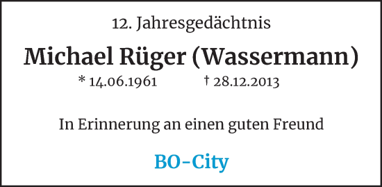 Traueranzeige von Michael Rüger von Tageszeitung